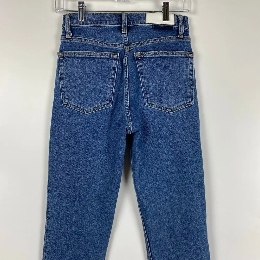 Re/Done High-Rise Ankle Crop Jeans Raw Hem Button Fly Medium Wash Womens Sz 26 - Picture 9 of 11